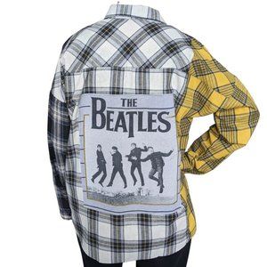 The Beatles Music Band NWOT Custom Upcycled Flannel Button Down Shirt Sz XL